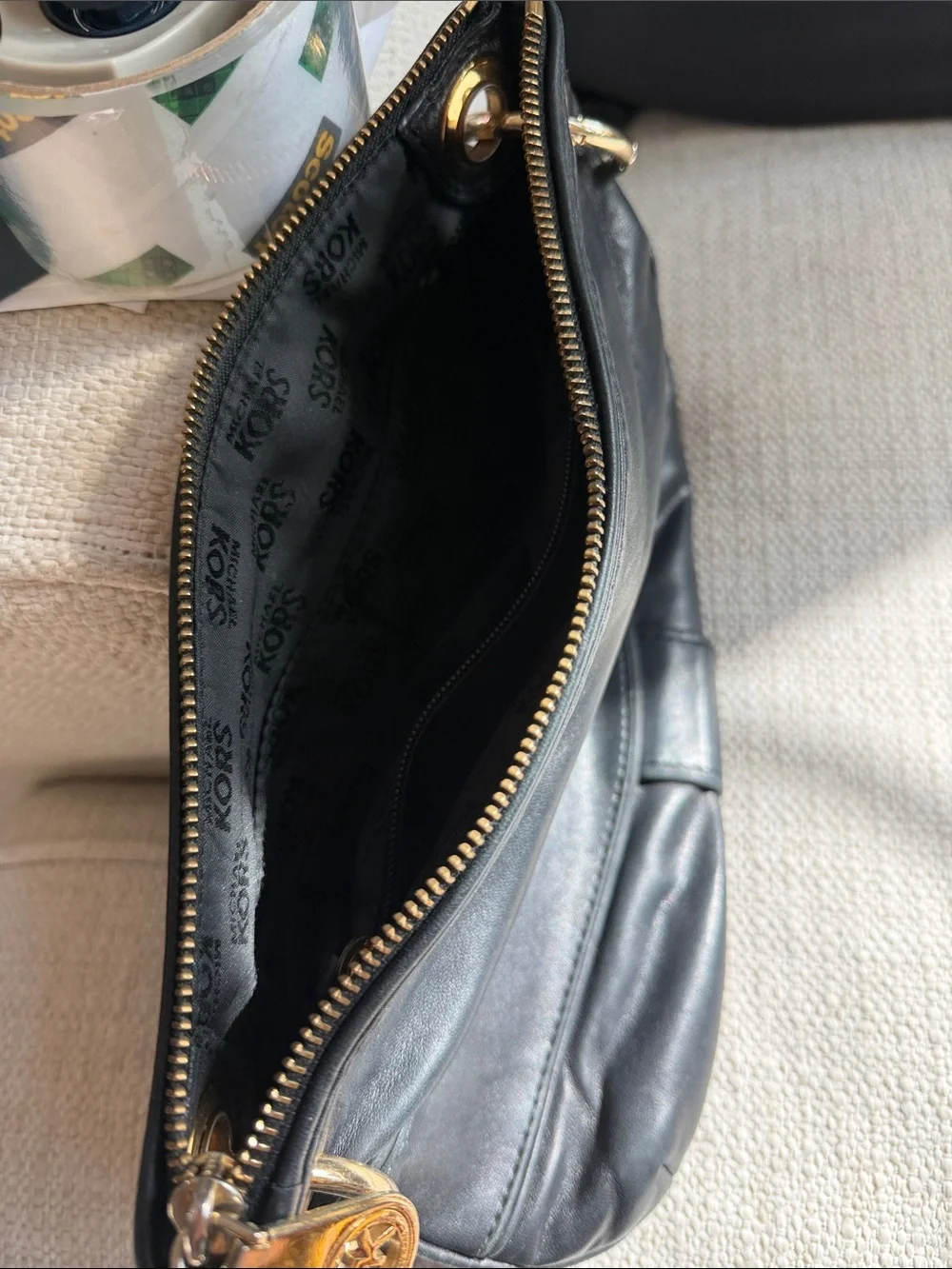 Michael Kors Black Leather Shoulder Bag with Gold Hardware